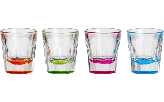 Cuatro vasos de chupito transparentes con bases de colores (naranja, verde, rosa, azul) alineados sobre fondo blanco con reflejo