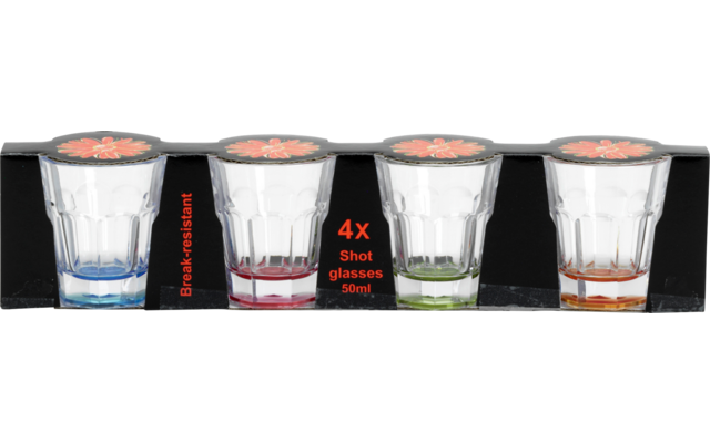 Cuatro vasos de chupito en caja negra, cada vaso con base de color (azul, rojo, verde, naranja) y un motivo de rodaja de naranja en la parte superior