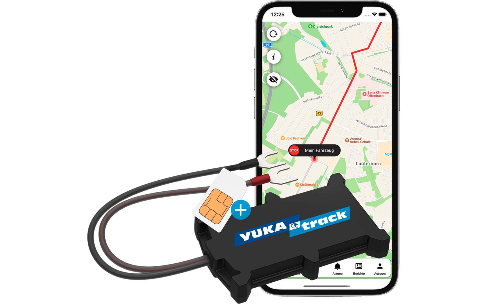 Ein schwarzes GPS-Tracking-Gerät mit SIM-Karte vor einem Smartphone, das eine Straßenkarte mit Standortanzeige zeigt