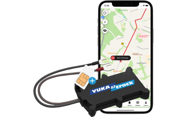 Ein schwarzes GPS-Tracking-Gerät mit SIM-Karte vor einem Smartphone, das eine Straßenkarte mit Standortanzeige zeigt