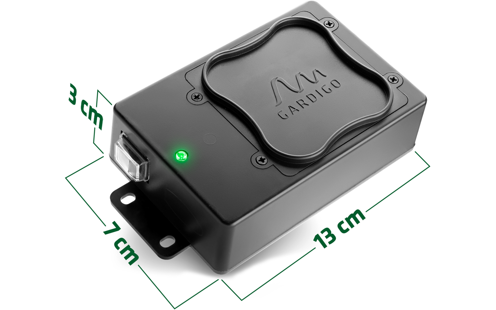 Schwarzes elektronisches Gerät mit grünem Leuchtdiode, etwa 13 mal 7 mal 2,5 Zentimeter groß