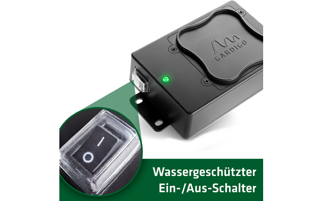 Schwarzes wassergeschütztes Ein-/Ausschalter-Gehäuse mit grünem Kontrolllicht