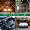 Collage aus drei Bildern: Enger Einblick in eine Batterie, Text "Batteriebetrieb - Einsatz an vielen Orten", Motor eines Fahrzeugs, Rückansicht eines Autos in einer Garage
