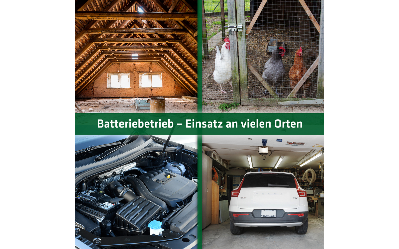 Collage aus drei Bildern: Enger Einblick in eine Batterie, Text "Batteriebetrieb - Einsatz an vielen Orten", Motor eines Fahrzeugs, Rückansicht eines Autos in einer Garage