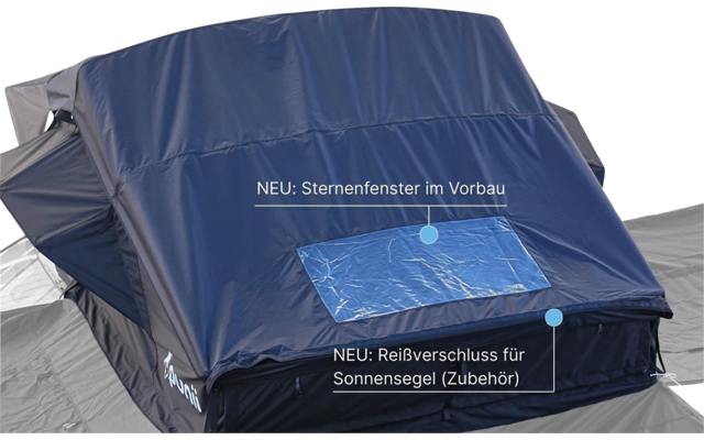 Copertura blu con finestra rettangolare trasparente con motivo a stelle, due punti di segnalazione azzurri e etichette bianche 'NEU: Sternenfenster im Vorbau' e 'NEU: Reißverschluss für Sonnensegel (Zubehör)', tessuto grigio sotto
