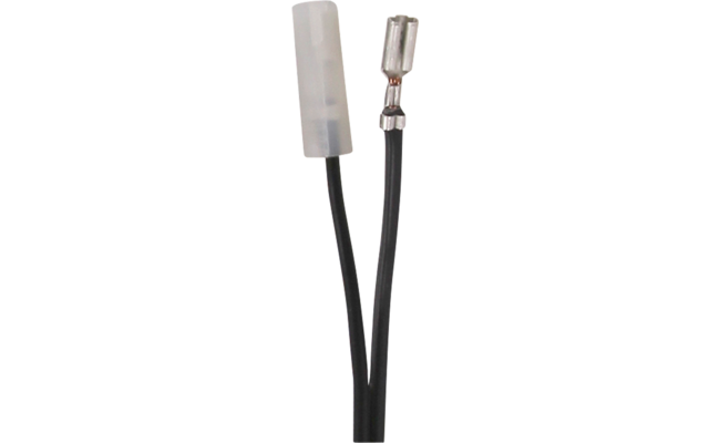 Haz de cables negro con conector de plástico blanco, lazo verde y dos conductores con contactos metálicos, un conductor con funda termorretráctil transparente