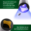 Blaues UV-Licht beleuchtet eine kleine Fliege über einer schwarzen Falle mit gelbem Fangbereich