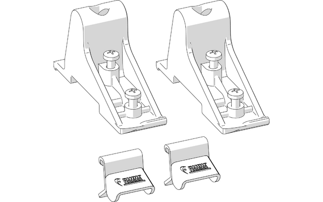 Zwei schräge Kunststoffteile, jeweils mit zwei runden Schraubenköpfen; davor zwei flache, gebogene Clips mit aufgedrucktem Logo