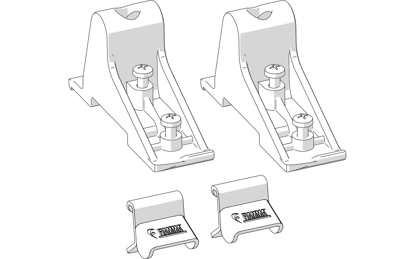 Zwei schräge Kunststoffteile, jeweils mit zwei runden Schraubenköpfen; davor zwei flache, gebogene Clips mit aufgedrucktem Logo