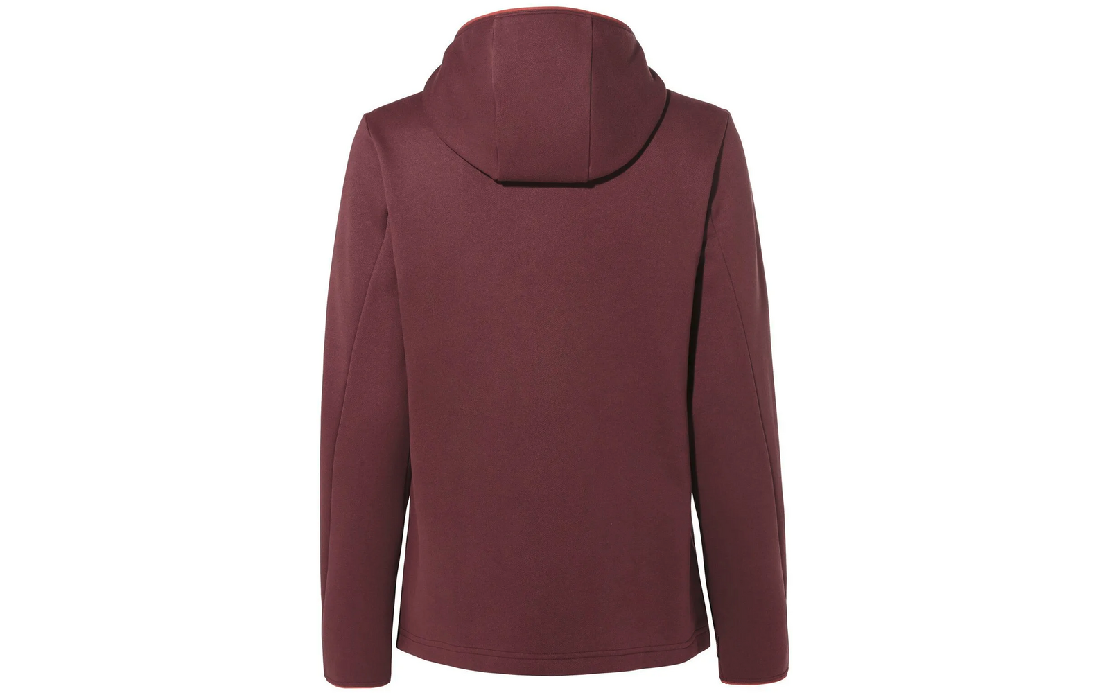 Rückansicht einer bordeauxroten Jacke mit Kapuze