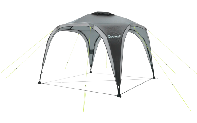 Schwarzer und grauer Pavillon mit vier Stangen und gelben Abspannleinen