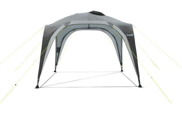 Graues, offenes Zelt mit sechseckiger Grundfläche und gelben Abspannleinen