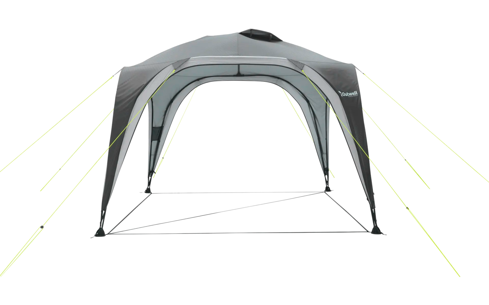 Graues, offenes Zelt mit sechseckiger Grundfläche und gelben Abspannleinen
