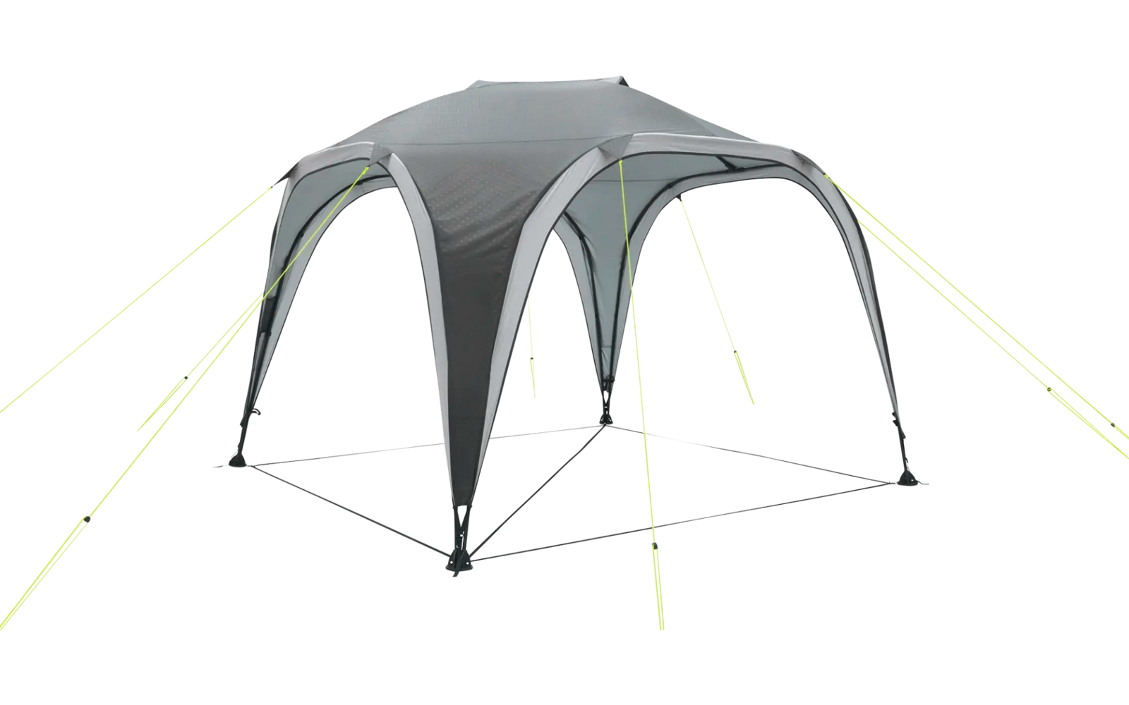 Graues aufgespanntes Zelt mit gelben Abspannleinen