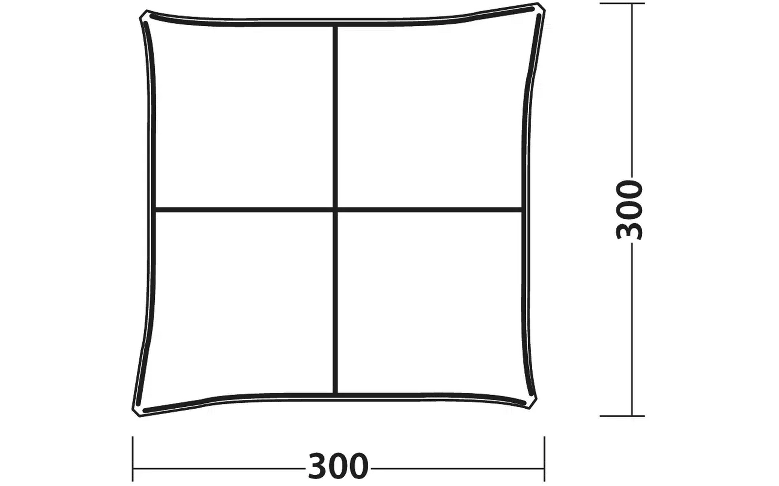 Quadratisches Objekt mit vier gleichen Teilen, Maßangabe 300 auf beiden Seiten
