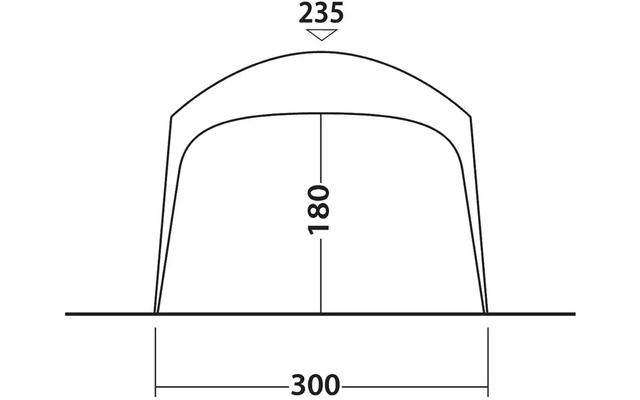 Skizze eines Zeltes mit den Maßen 300 cm Breite, 180 cm Höhe und 235 cm Länge