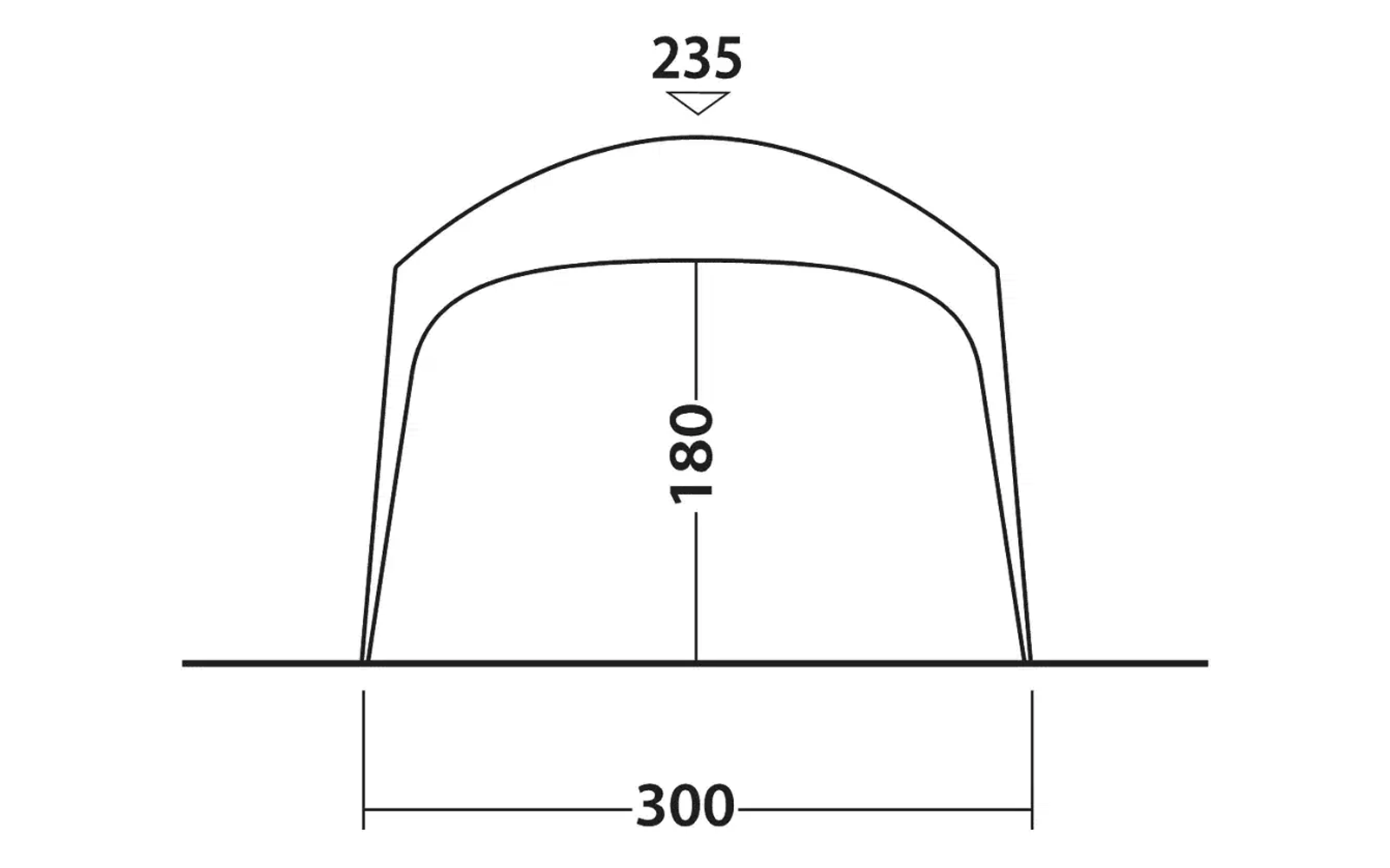 Skizze eines Zeltes mit den Maßen 300 cm Breite, 180 cm Höhe und 235 cm Länge
