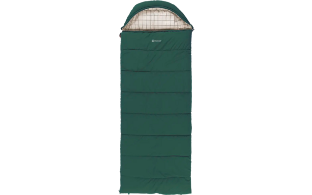 Grüner, rechteckiger Schlafsack mit offenem Kopfteil und kariertem Innenfutter