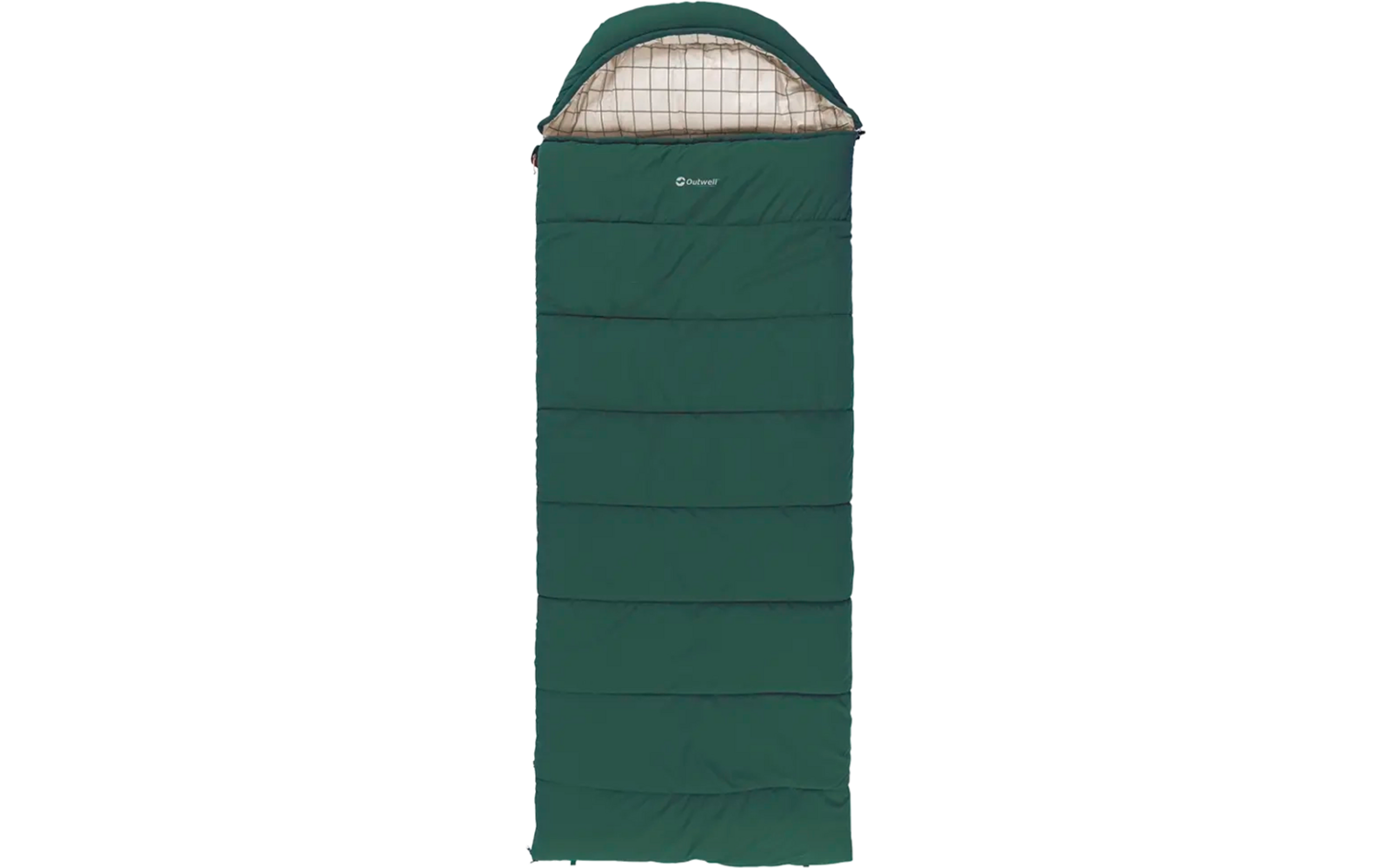 Grüner, rechteckiger Schlafsack mit offenem Kopfteil und kariertem Innenfutter