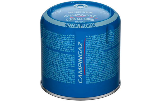 Blue cylindrical gas cartridge with metal base, visible top valve, printed "CAMPINGAZ" logo and "BUTAN/PROPAN" text