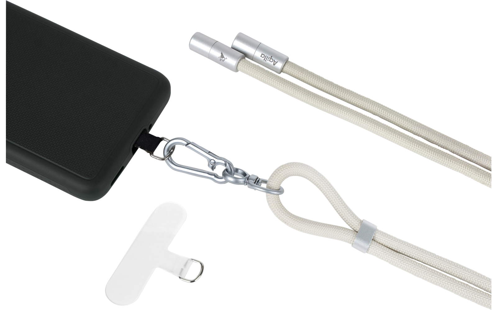 Schwarzes, rechteckiges, strukturiertes Objekt mit Metallring, an dem ein silberner Karabinerhaken hängt, verbunden mit einer beigen Doppelschnur mit silbernen Metallenden; daneben transparenter Kunststoffclip; gelbes "Aqila"-Logo unten rechts auf we