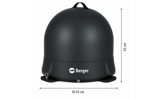 Mattschwarze Kuppel mit Griff oben, weißem "Berger"-Logo vorne, drei Befestigungsfüßen an der Basis, kleinen Metallbefestigungen und Maßpfeilen mit "Ø 45 cm" unten und "43 cm" rechts