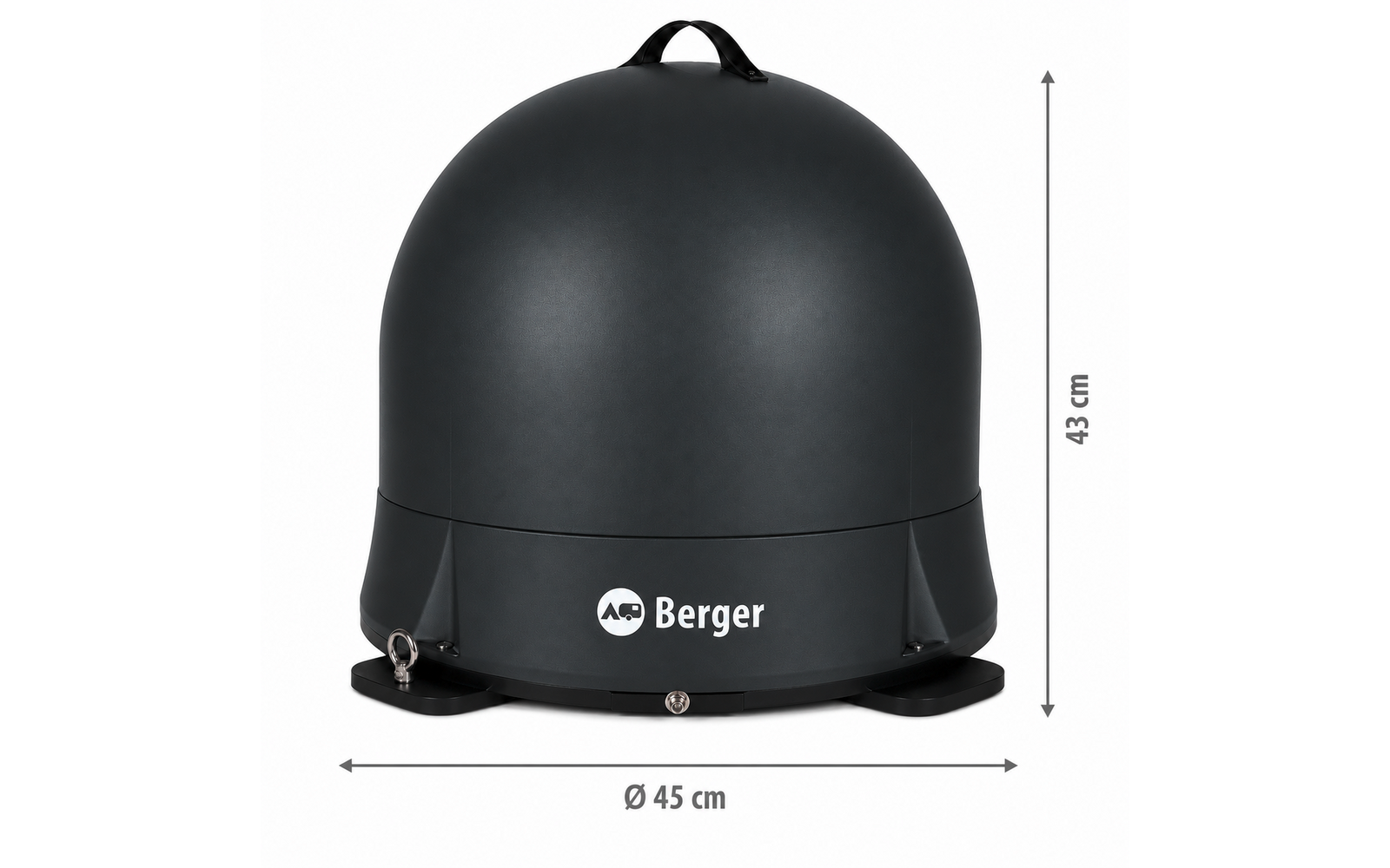 Mattschwarze Kuppel mit Griff oben, weißem "Berger"-Logo vorne, drei Befestigungsfüßen an der Basis, kleinen Metallbefestigungen und Maßpfeilen mit "Ø 45 cm" unten und "43 cm" rechts