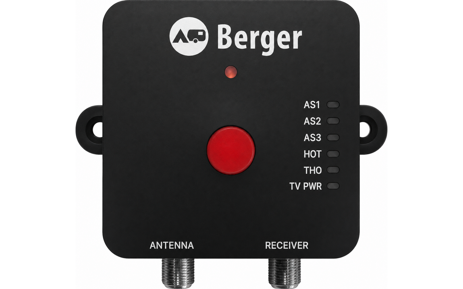 Schwarzes quadratisches Gerät mit abgerundeten Ecken, mittigem roten Druckknopf, zwei Metallkabelanschlüssen unten mit den Beschriftungen 'ANTENNA' und 'RECEIVER', rechts kleinen Markierungen mit 'AS1 AS2 AS3 HOT THO TV PWR' und oben weißem Logo mit 