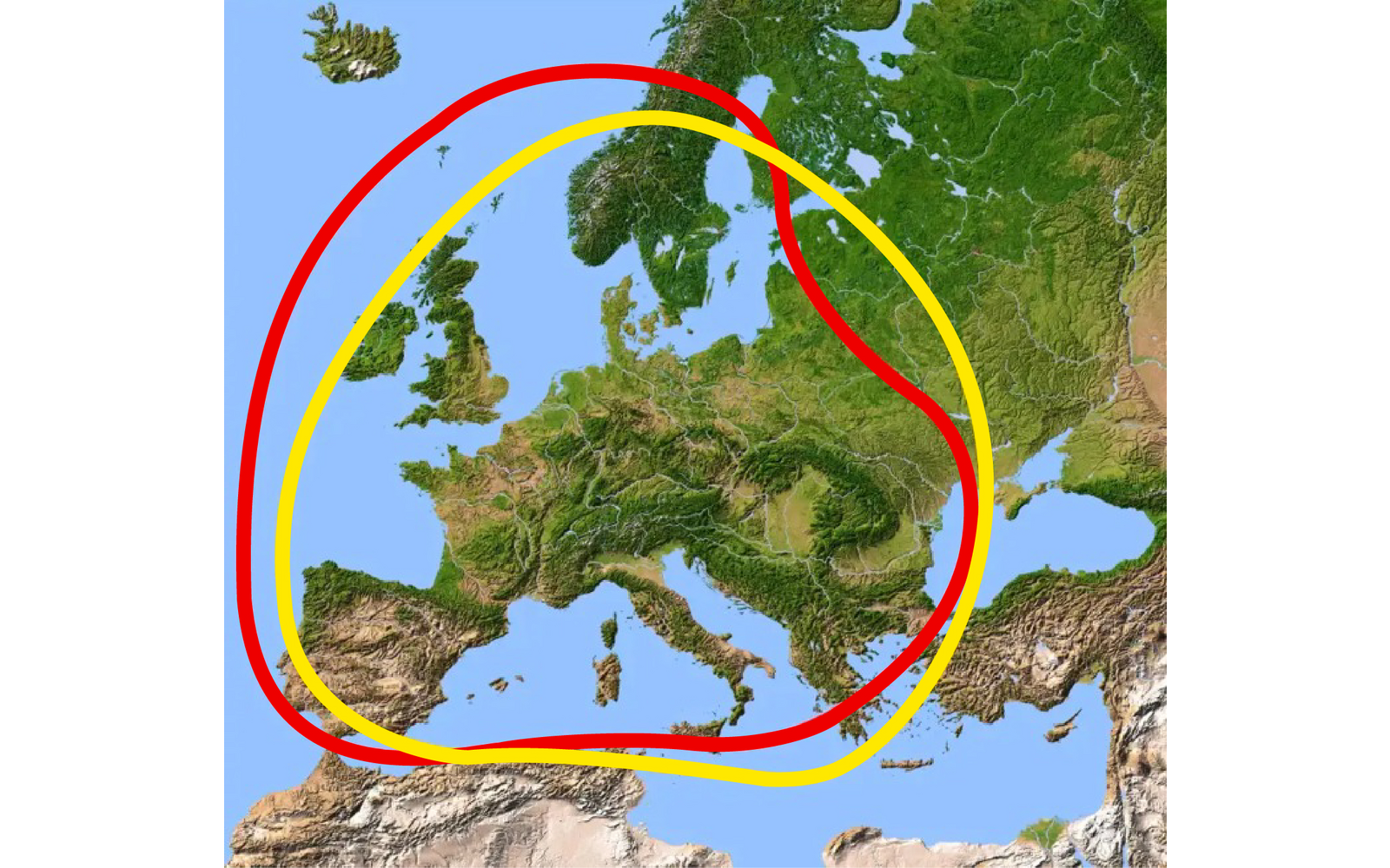Reliefkarte Europas mit grünen Landflächen und blauen Meeren; zwei handgezeichnete Linien (rot außen, gelb innen) über der Karte
