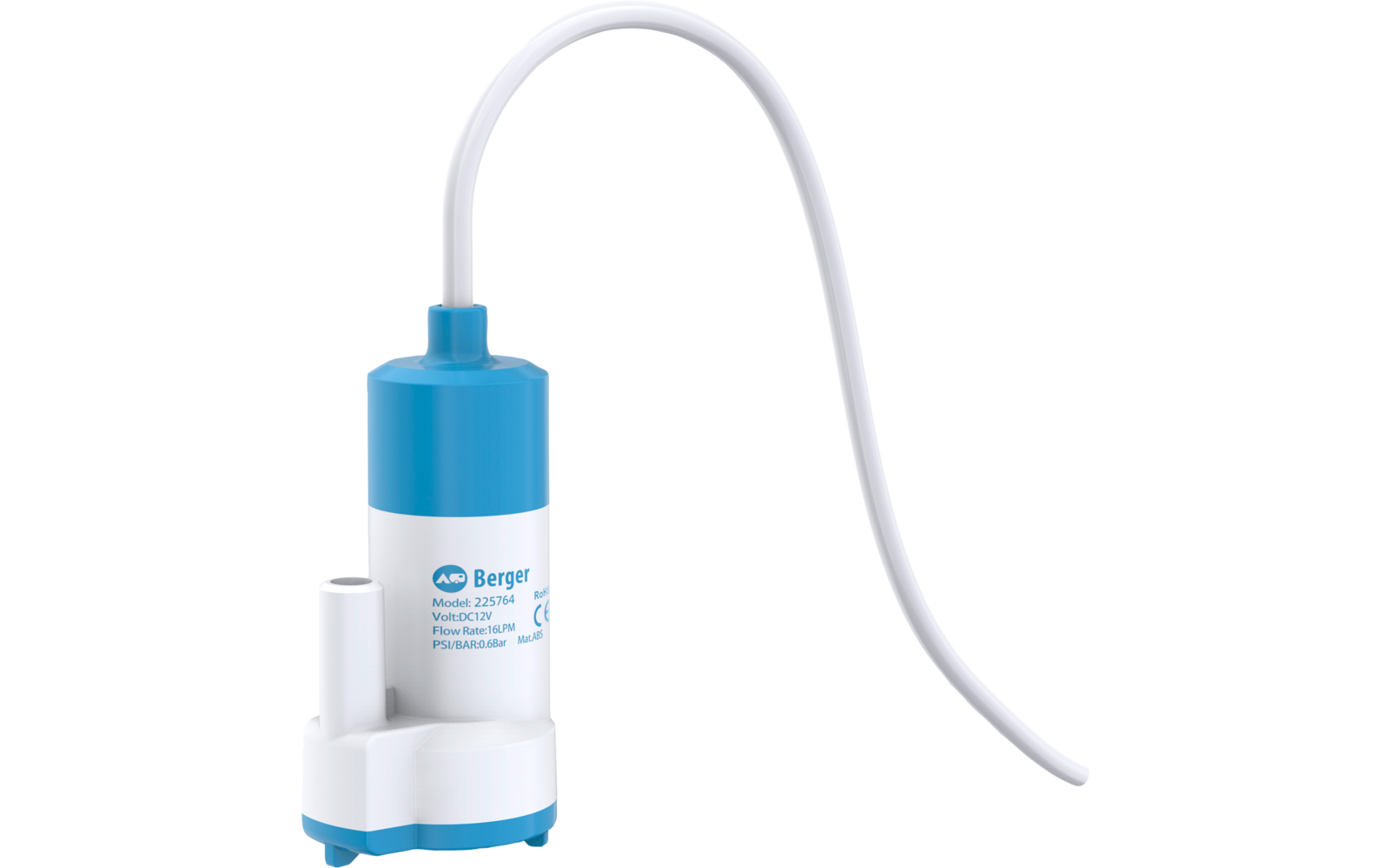 Weiß-blaues zylindrisches Gerät mit kurzem Standfuß, seitlichem Anschluss, gebogenem weißen Kabel und Aufkleber mit blauem "Berger"-Logo sowie Text und Zahlen