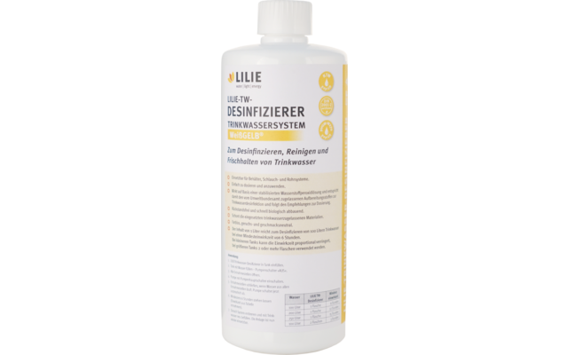 Bottiglia di plastica bianca con tappo a vite, etichetta con la scritta "LILIE" e "DESINFIZIERER TRINKWASSERSYSTEM", grafica giallo-grigia e piccole icone