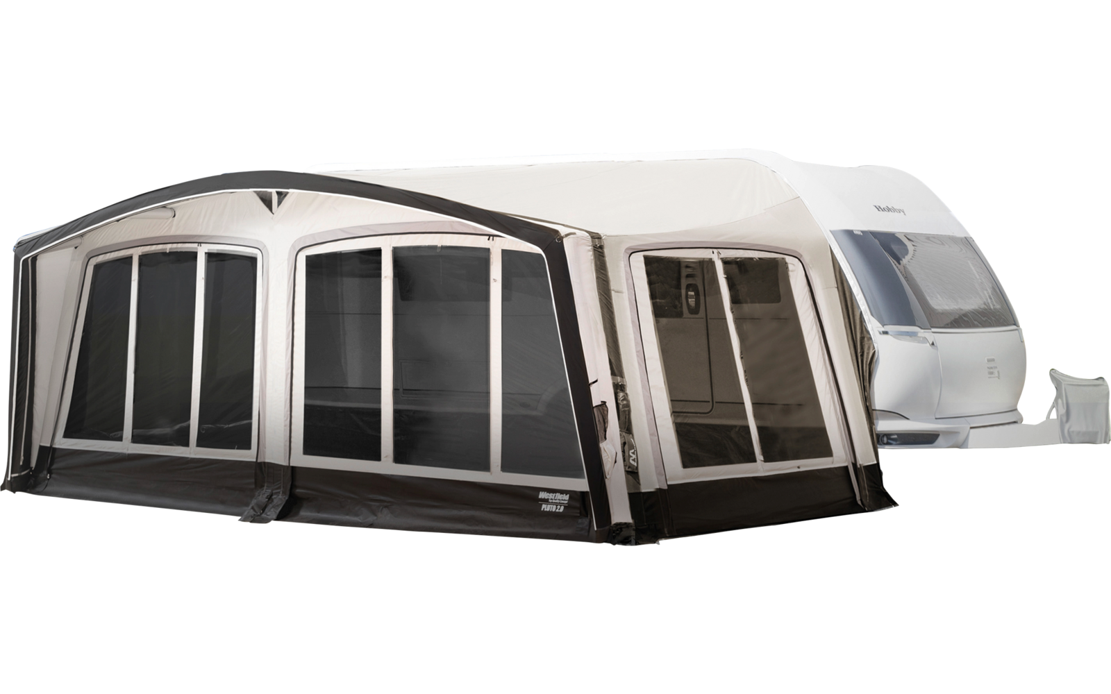 White caravan with a gray front awning and several large windows