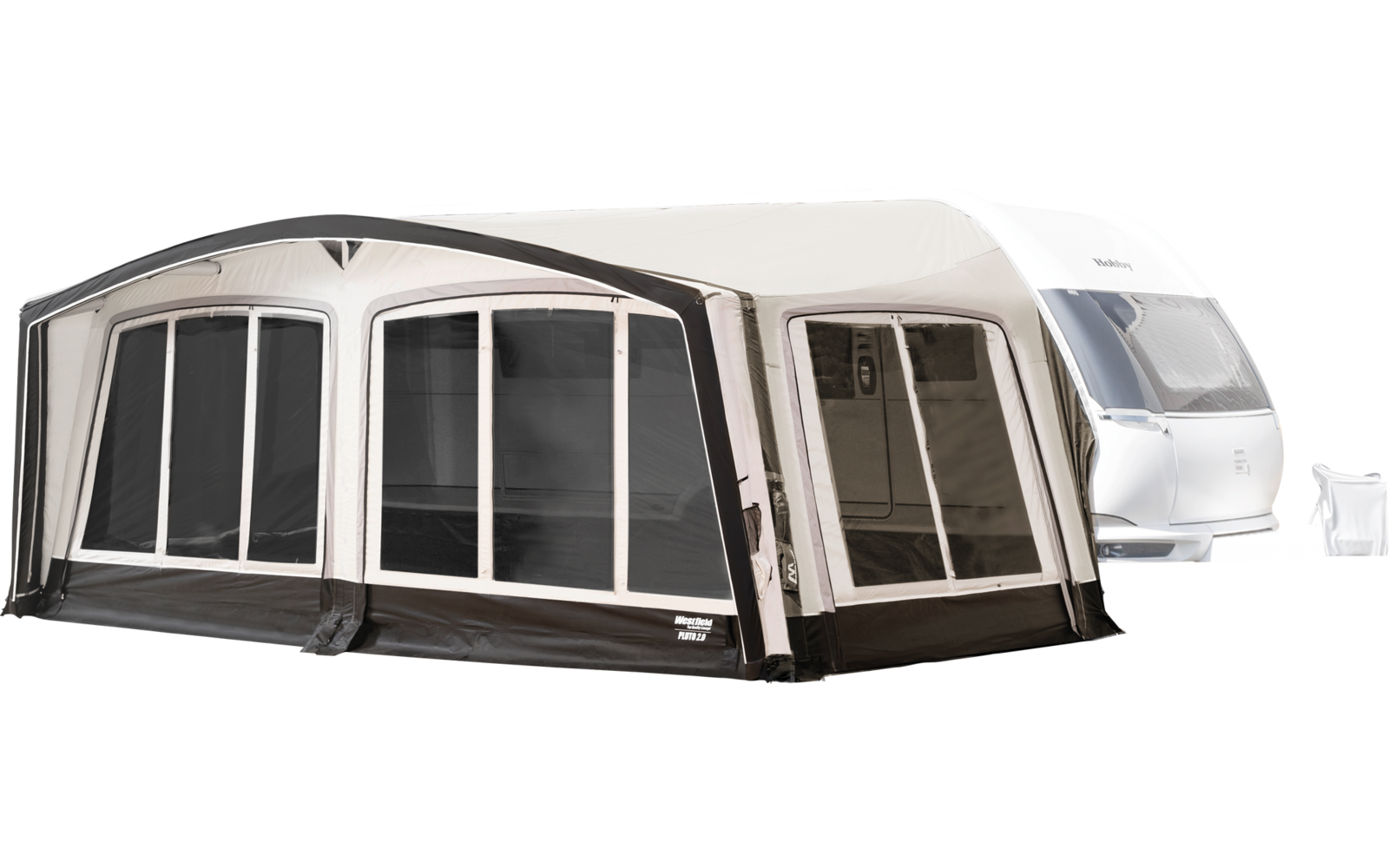 Caravan with attached light-colored awning with large windows