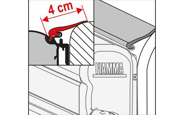 Technische Zeichnung: roter Streifen (4 cm) in Querschnitt neben Gerät mit Schriftzug "FIAMMA"