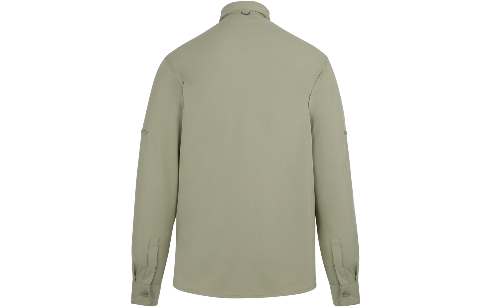 Rückansicht eines hellolivgrünen Oberteils mit Kragen, langen Ärmeln, Manschetten und Schlaufe am Kragen auf weißem Hintergrund