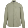 Hellolivgrünes Hemd mit langen Ärmeln, Kragen, durchgehender Knopfleiste, vertikaler Reißverschluss-Brusttasche und kleinem Logo auf der Vorderseite