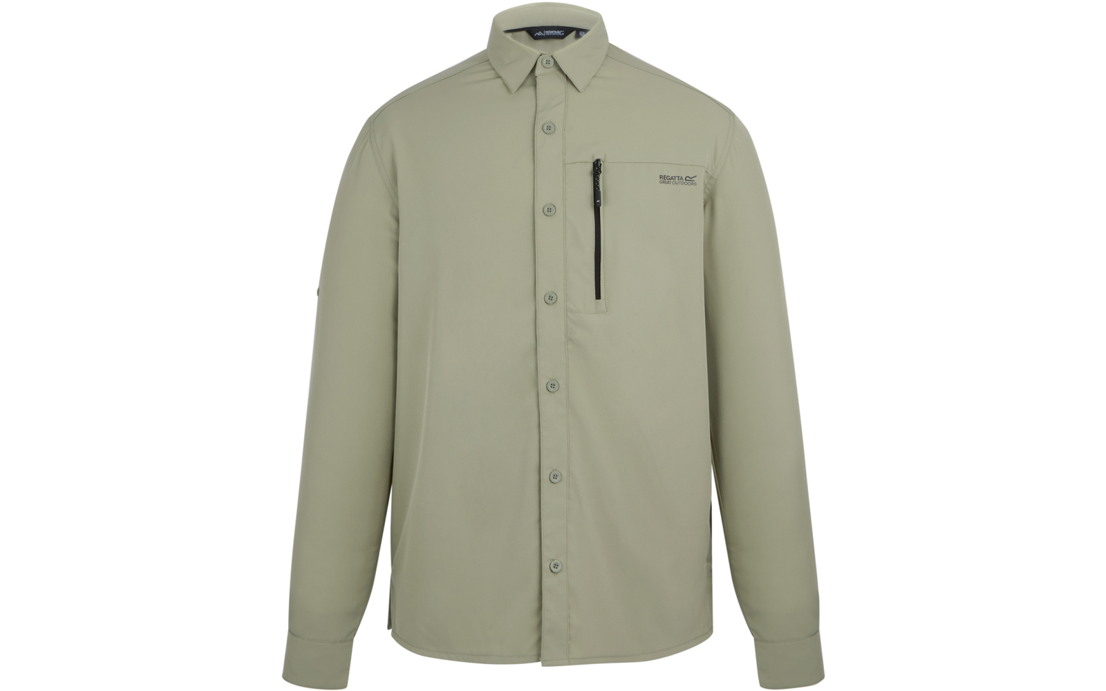 Hellolivgrünes Hemd mit langen Ärmeln, Kragen, durchgehender Knopfleiste, vertikaler Reißverschluss-Brusttasche und kleinem Logo auf der Vorderseite