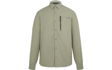 Chemise kaki clair à manches longues, col, patte de boutonnage, poche poitrine verticale avec fermeture éclair et petit logo sur le devant