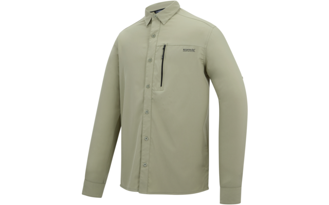 Beiges langärmeliges Hemd mit Kragen, Knopfleiste, Reißverschluss-Brusttasche und kleinem Brustlogo