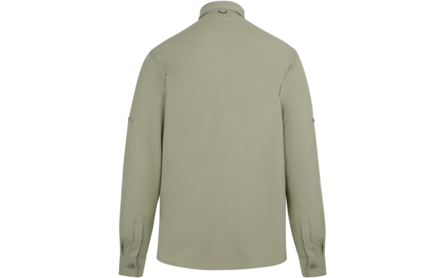 Rückansicht eines hellolivgrünen Oberteils mit Kragen, langen Ärmeln, Manschetten und Schlaufe am Kragen auf weißem Hintergrund