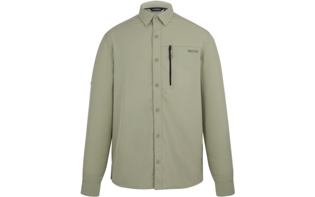 Hellolivgrünes Hemd mit langen Ärmeln, Kragen, durchgehender Knopfleiste, vertikaler Reißverschluss-Brusttasche und kleinem Logo auf der Vorderseite