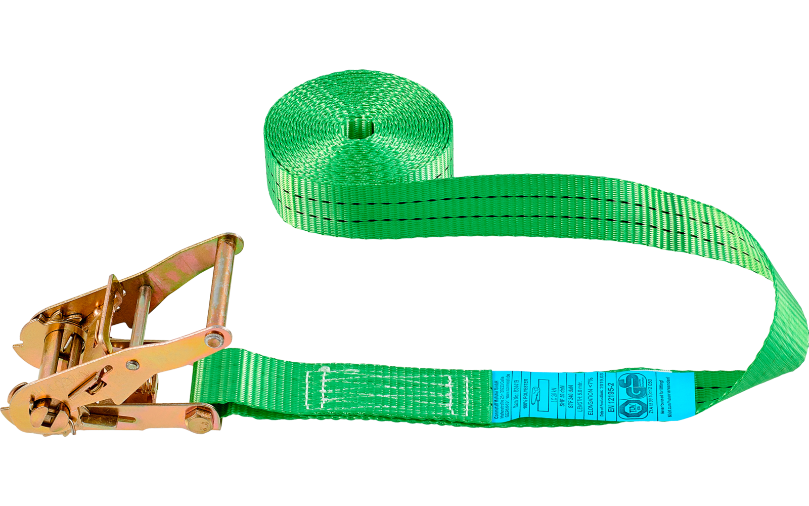 Grüner Spanngurt mit Ratsche auf weißem Hintergrund