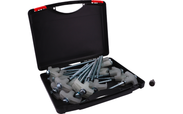 Open black plastic case with red latches, several long zinc-plated screws with hex heads and white plastic anchors, single nut beside the case
