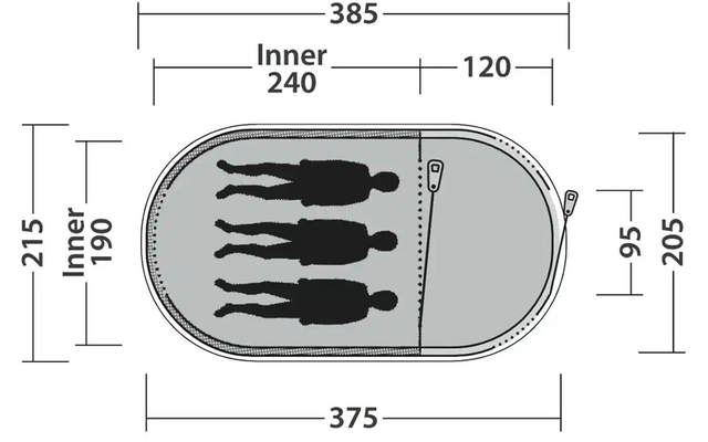 Technische Zeichnung mit Maßen eines rechteckigen Objekts mit drei schwarzen Linien innen