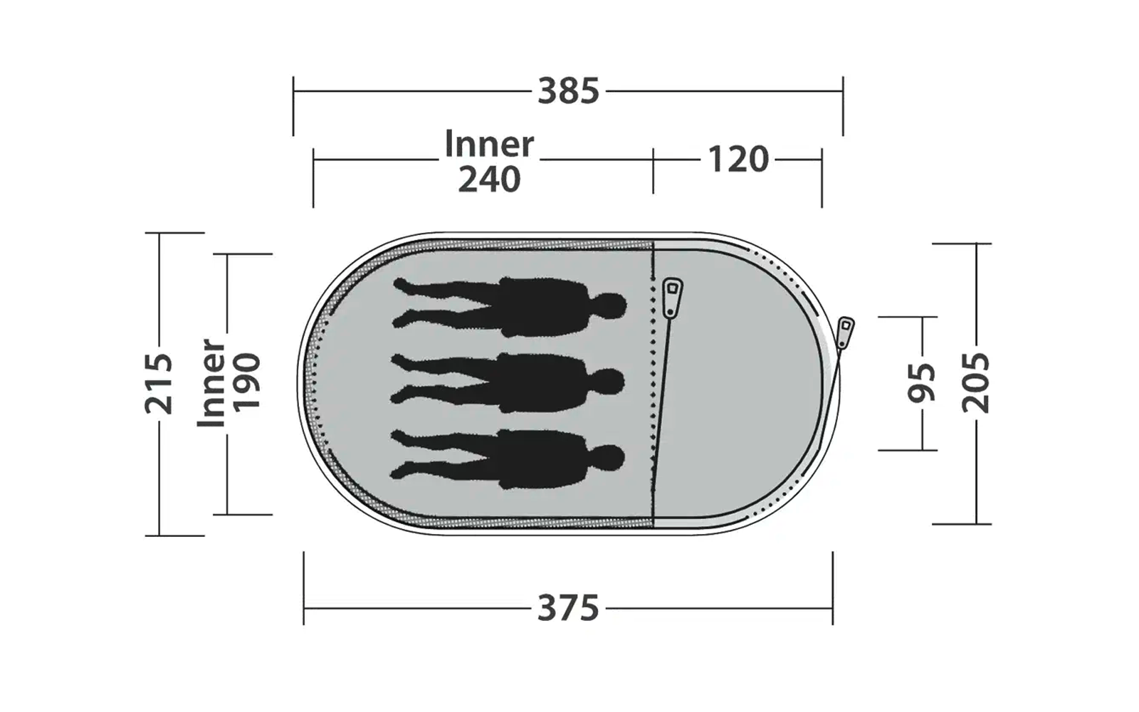 Technische Zeichnung mit Maßen eines rechteckigen Objekts mit drei schwarzen Linien innen