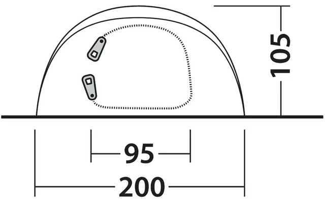 Technische Zeichnung eines halbkreisförmigen Objekts mit den Maßen 200 mm Breite, 105 mm Höhe und 95 mm Innenradius