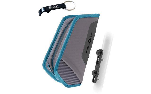 Grau-türkisfarbenes Zweiteiletui mit zwei Reißverschlüssen und Aufdruck 'FIDLOCK' an der Seite; schwarzer Montageclip an weißem Rohr; kleiner schwarzer Metall-Schlüsselanhänger mit weißem Logo