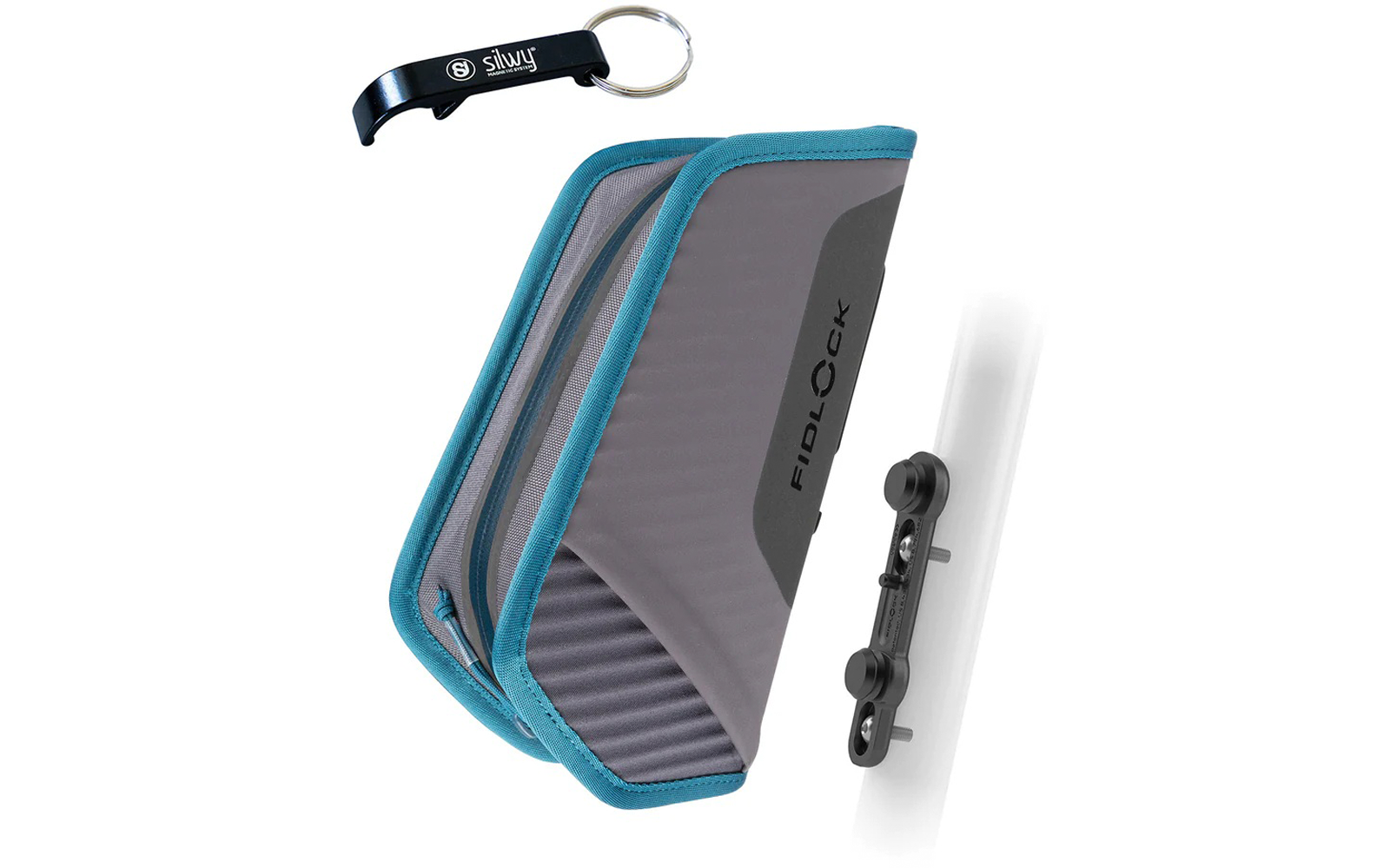 Grau-türkisfarbenes Zweiteiletui mit zwei Reißverschlüssen und Aufdruck 'FIDLOCK' an der Seite; schwarzer Montageclip an weißem Rohr; kleiner schwarzer Metall-Schlüsselanhänger mit weißem Logo