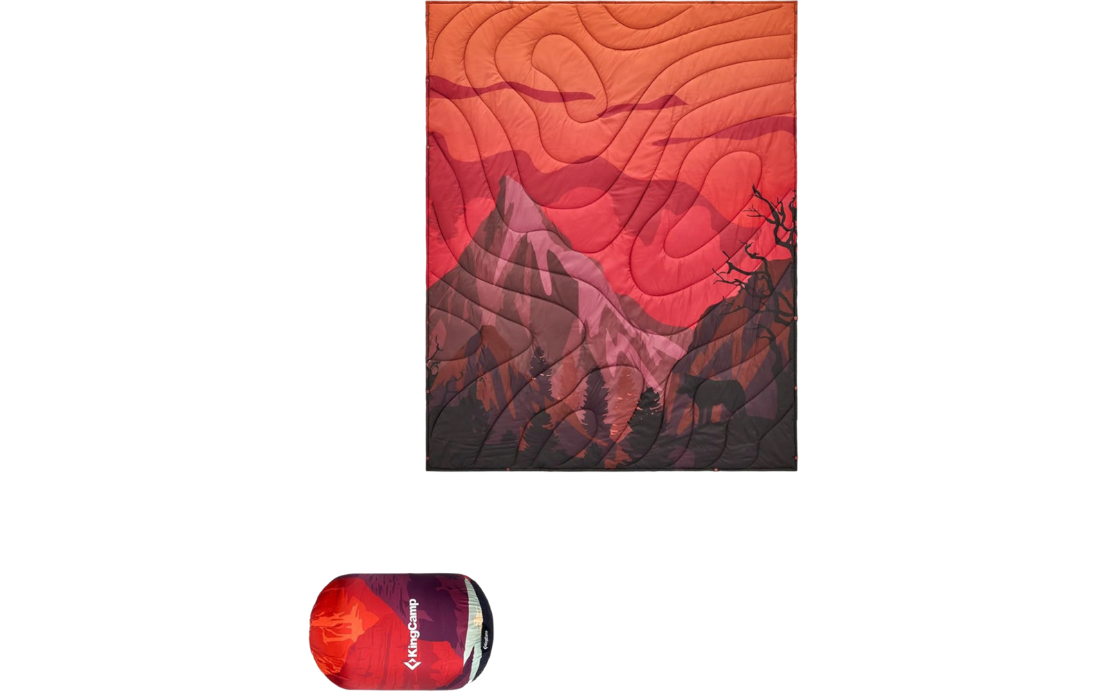 Rote Berglandschaft mit sichtbaren Konturen und einer Silhouette von Bäumen im Vordergrund