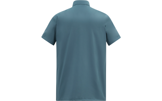 Rückansicht eines kurzärmligen, einfarbigen Hemds mit Kragen in blaugrün
